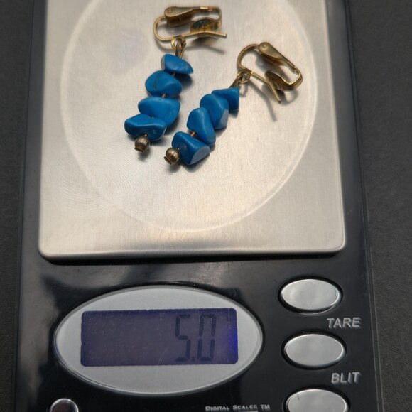 Gold Plated Blue Howlite Stone Clip On Dangle Earrings A6281 - Picture 5 of 5
